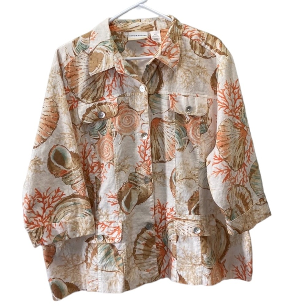 Alfred Dunner Cream Button-Down Shirt Jacket with Coral Shell Print
